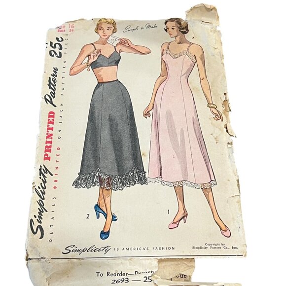 Simplicity Vintage Sewing Pattern 2693 Slip & Petticoat Size 16 Bust 34 - Picture 1 of 2